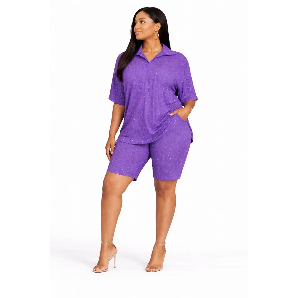 Womens Purple Textured Two Piece Short Set with Collar